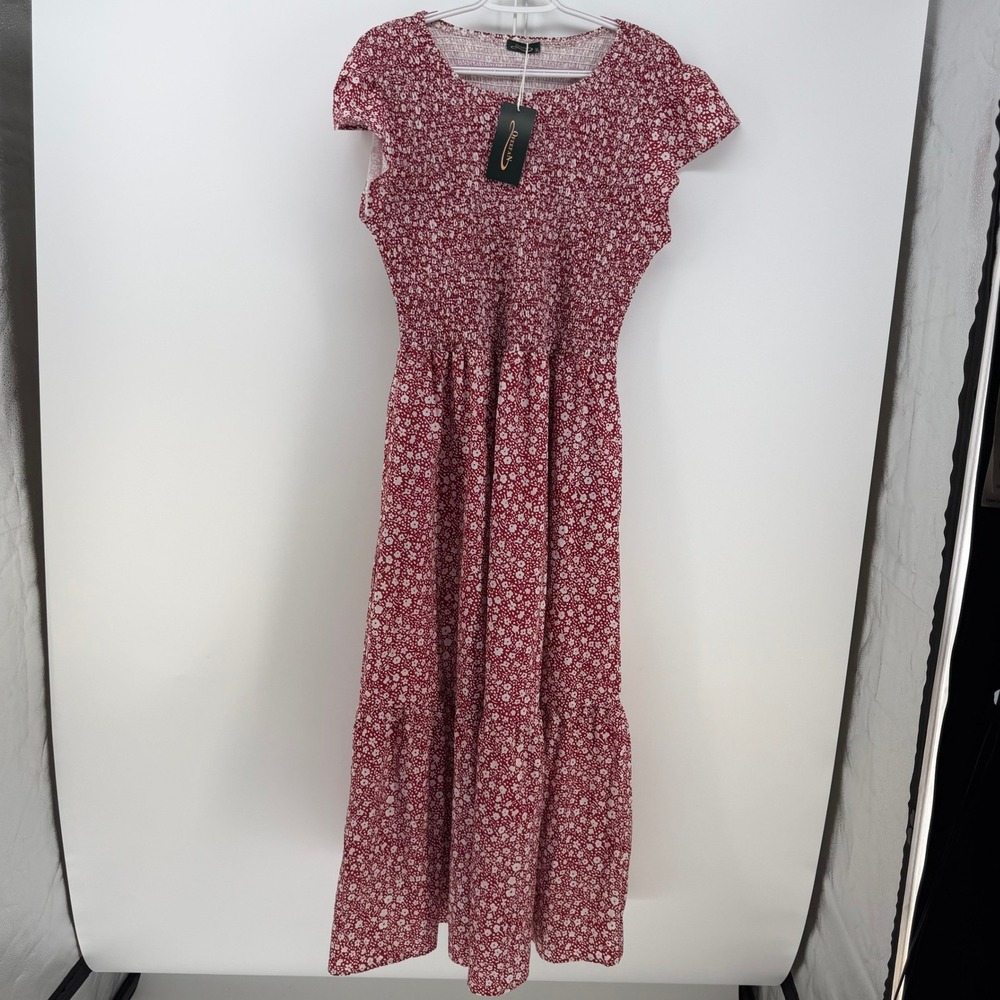 Ofeefan Maxi Dress Womens XL Red Floral Smocked Tiered Boho Cottagecore Milkmaid
